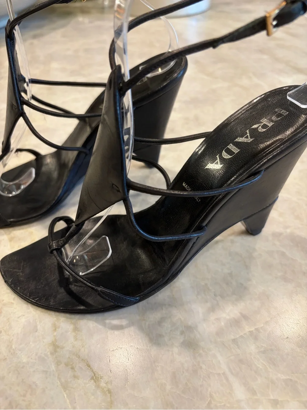 Prada Black Strappy Pointed-Toe Wedge style Heeled Sandals.